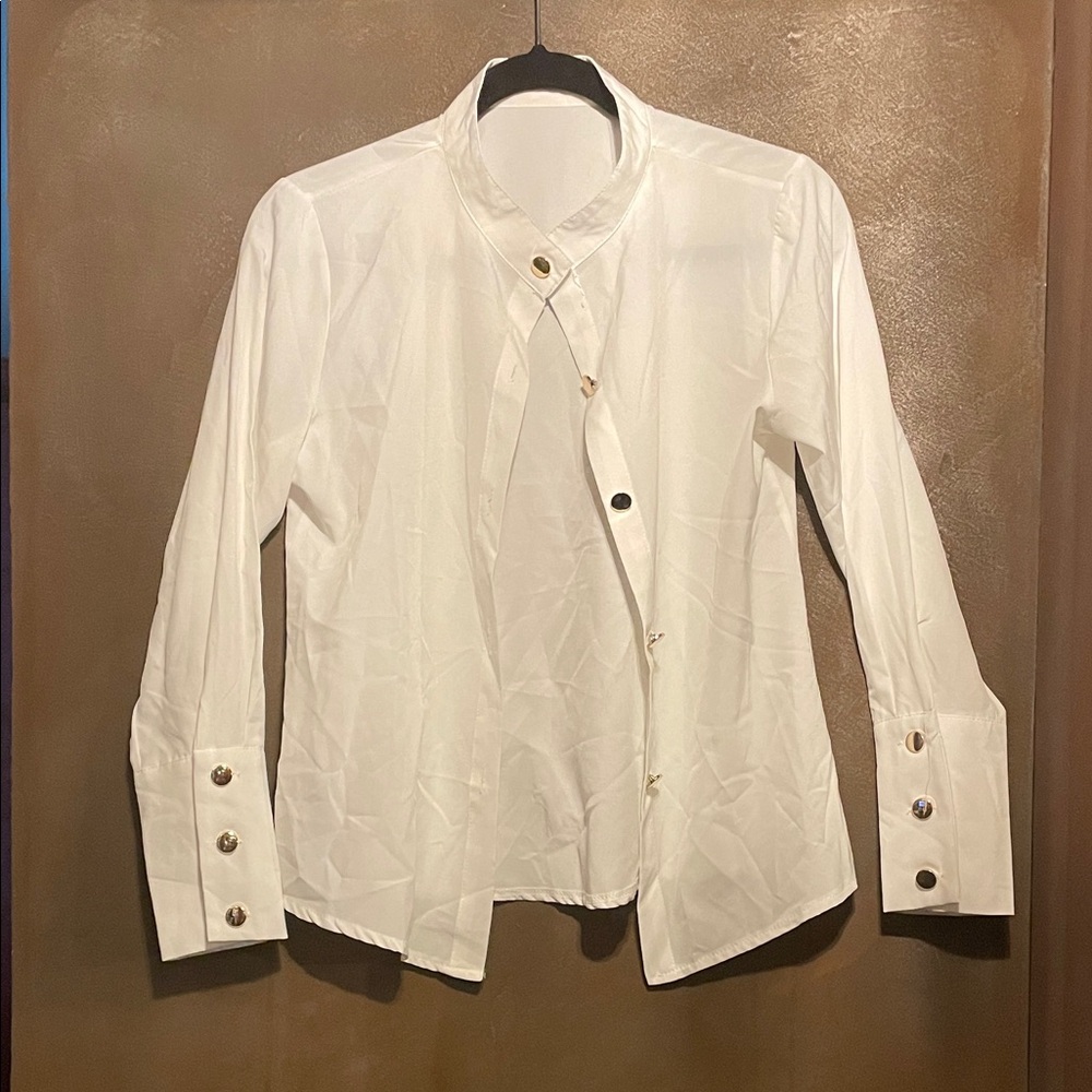 White Button-Up Shirt with gold accent buttons